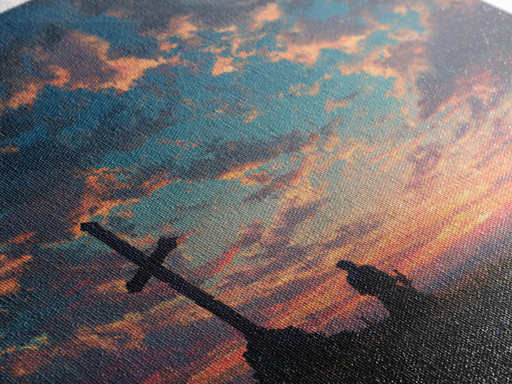 Knight Praying By Cross At Sunset Wall Art, Christian Landscape Painting, Bible Verse Decor, Inspirational Gift For Him Print