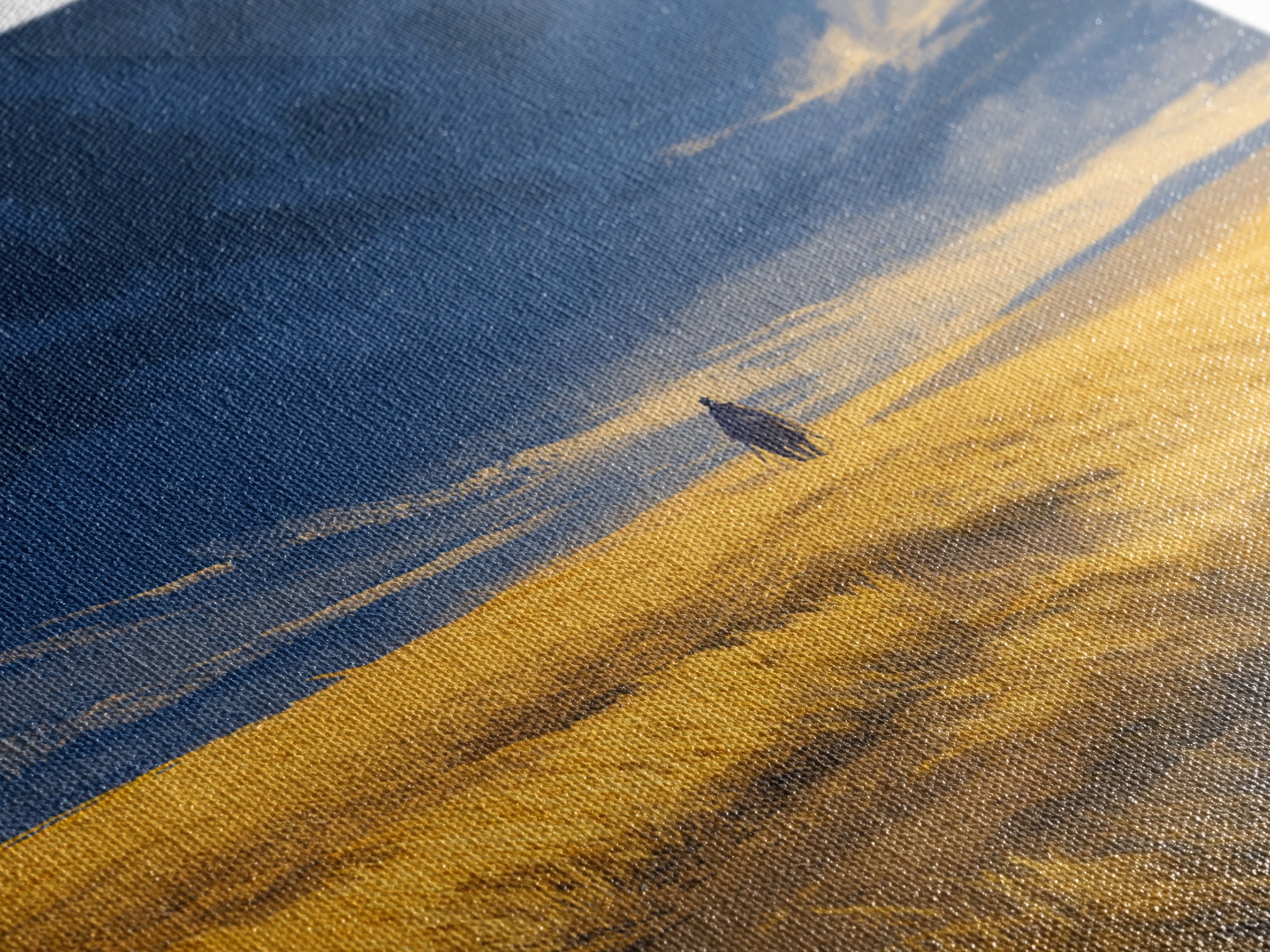 Lone Traveler In Golden Prairie Under Blue Sky Wall Art, Dreamy Landscape Canvas Print, Minimalist Nature Decor, Rustic Gift