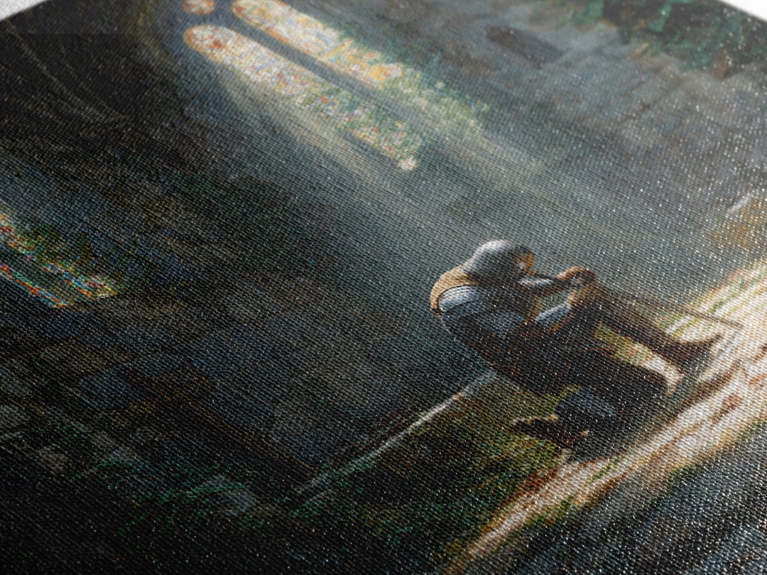 Kneeling Knight In Ruined Chapel Wall Art, Medieval Fantasy Canvas Print, Gothic Decor, Christian Artwork, Fine Art Print