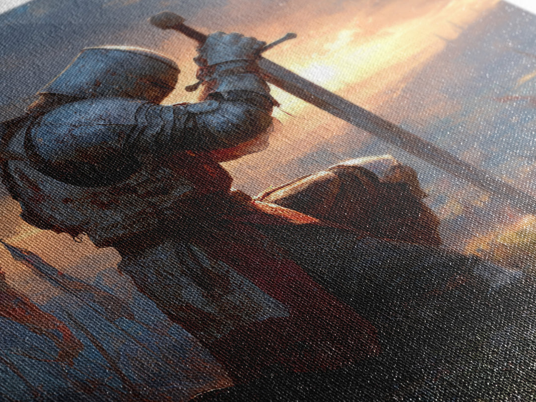 Kneeling Medieval Knight Wall Art, Fantasy Canvas Print, Warrior Sword Painting, Gothic Decor, Dark Academia Gift For Him