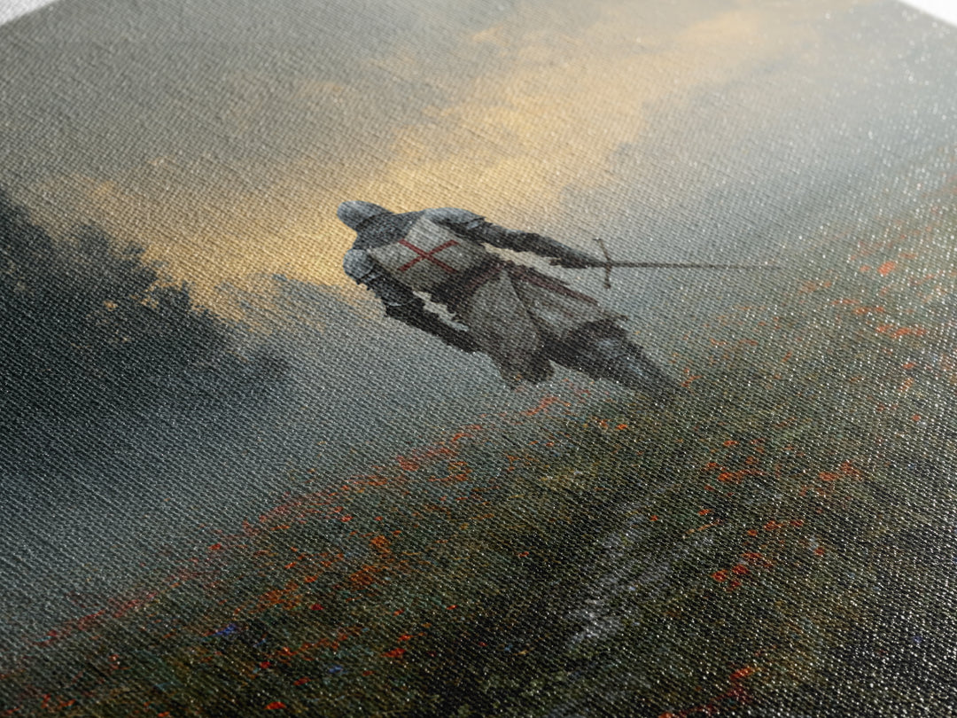 Misty Crusader Knight In Wildflower Meadow Wall Art, Medieval Landscape Canvas Print, Rustic Gothic Decor, Gift For Him Art