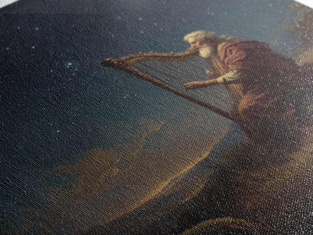 Biblical Shepherd Playing Harp Under Stars Canvas Print, David Psalm Wall Art, Celestial Christian Decor, Peaceful Gift For Her