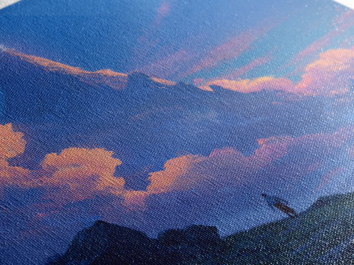Glowing Fantasy Mountain Canvas Print, Epic Landscape Wall Art, Blue Sky Adventure Decor, Dreamy Nature Art, Gift For Him