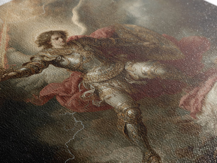 Archangel Michael Defeating Demon Framed Canvas Print, Baroque Religious Wall Art, Catholic Gift, Dramatic Fine Art Print