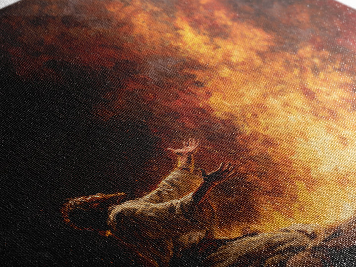 Kneeling Prophet Before Blazing Fire Wall Art, Biblical Painting, Spiritual Canvas Wall Art, Dramatic Christian Home Decor
