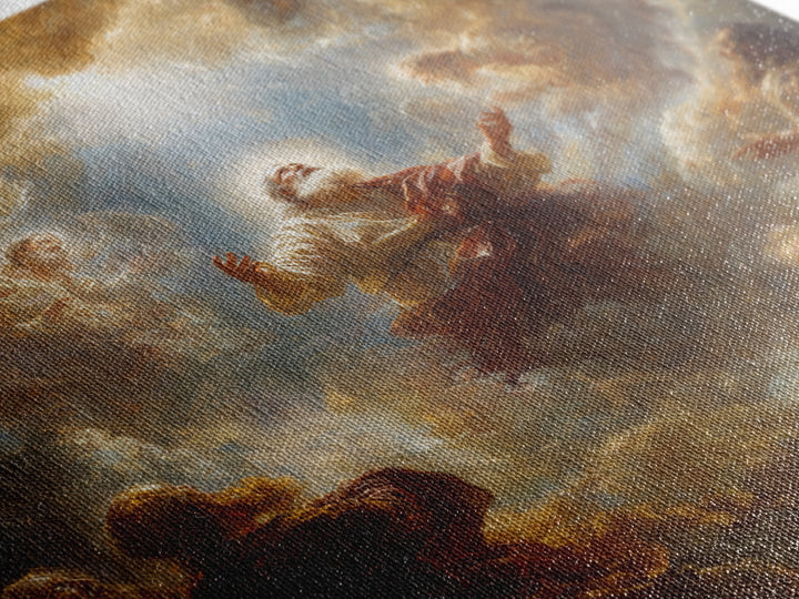 Biblical Prophet Ascending In Golden Clouds Framed Canvas Print, Christian Wall Art, Religious Home Decor, Prayer Room Gift