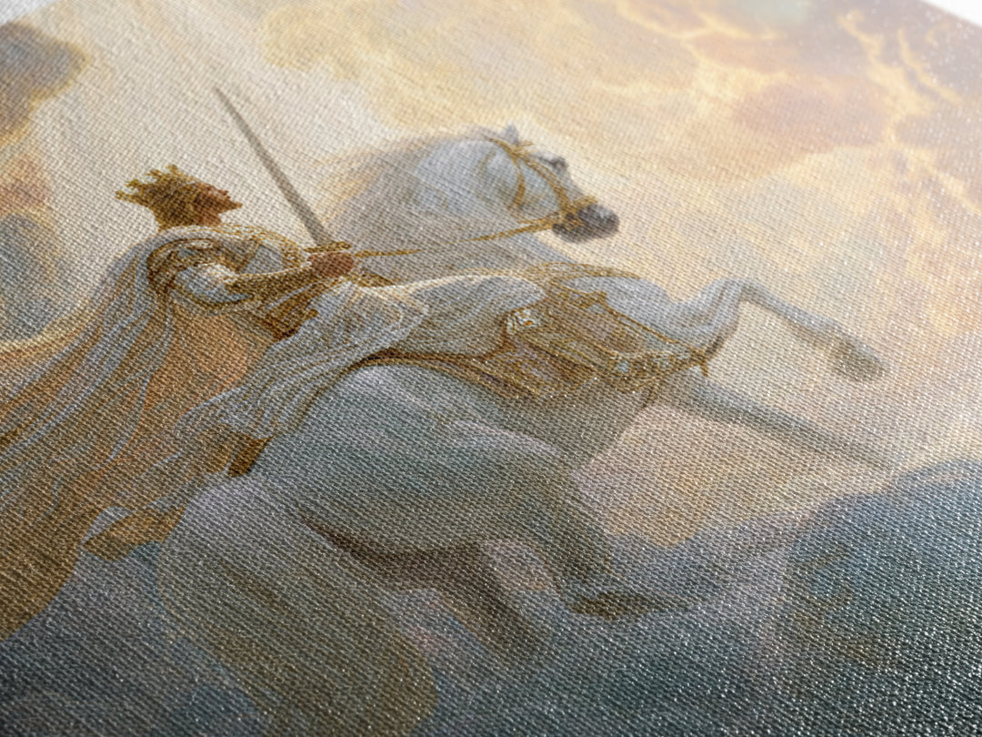Heavenly King On White Horse Wall Art, Biblical Fantasy Art Print, Christian Home Decor, Ethereal Clouds Framed Canvas Print