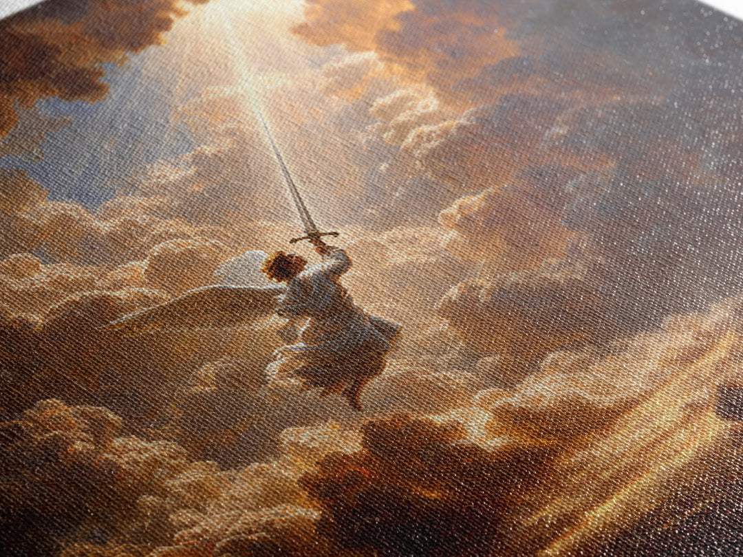 Angelic Warrior In Storm Clouds Framed Canvas Print, Christian Wall Art, Celestial Sword Painting For Prayer Room Decor Gift