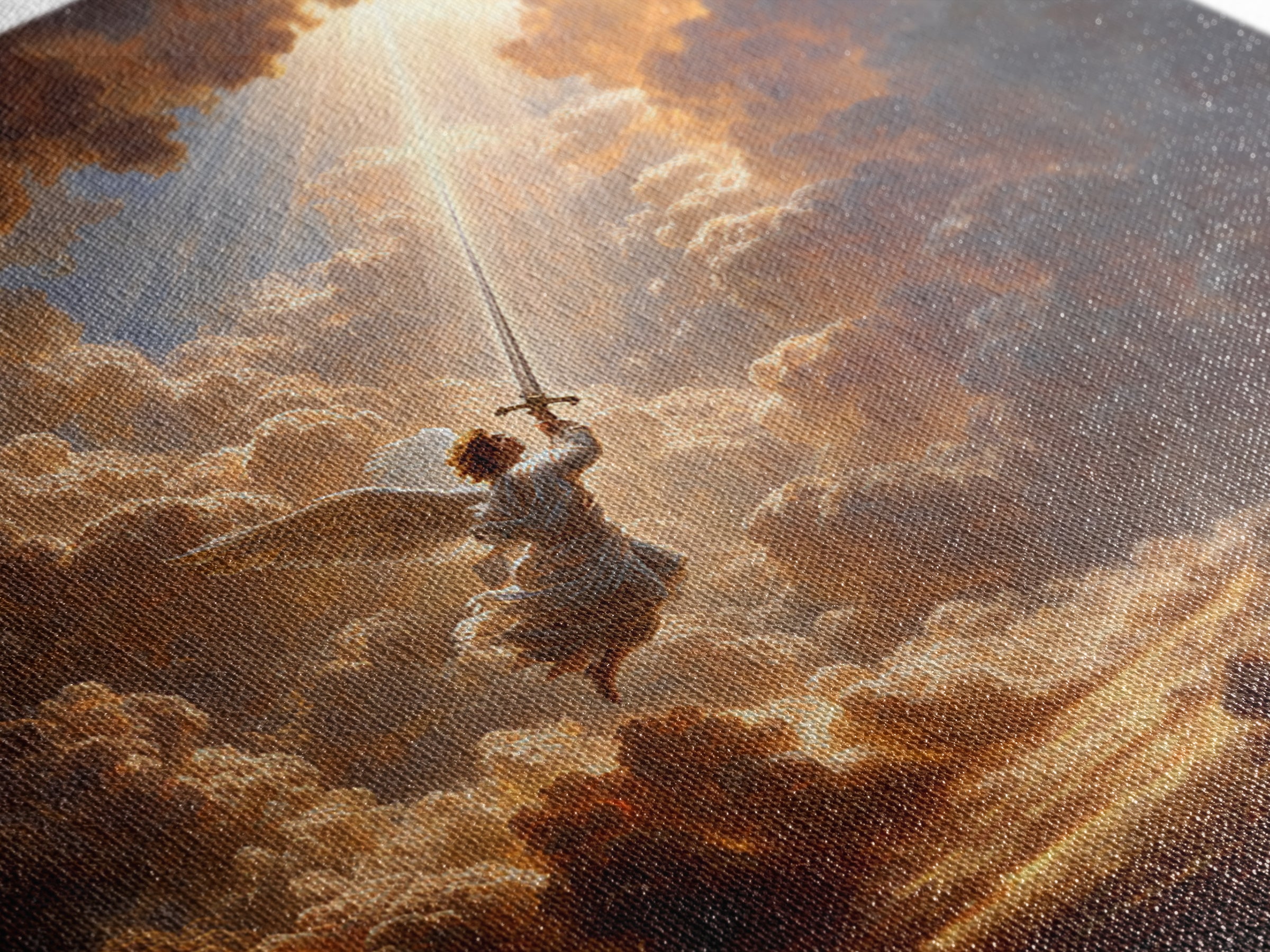 Angelic Warrior In Storm Clouds Framed Canvas Print, Christian Wall Art, Celestial Sword Painting For Prayer Room Decor Gift