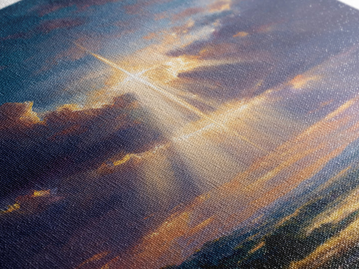 Radiant Cross Above Sunrise Valley Wall Art, Christian Landscape Canvas Print, Spiritual Decor, Inspirational Faith Gift