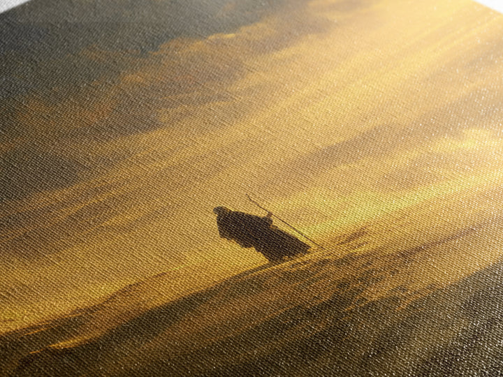 Lone Pilgrim Crossing Golden Desert Wall Art, Spiritual Landscape Canvas Print, Minimalist Desert Decor, Warm Neutral Home Decor
