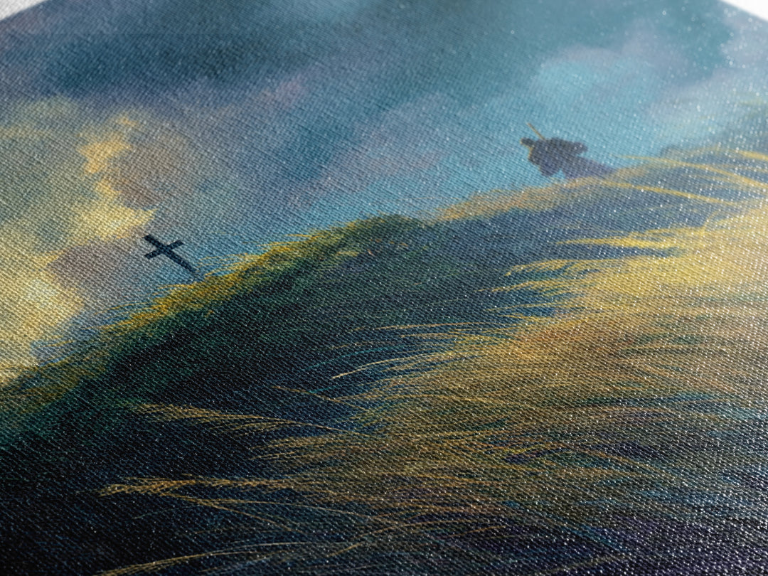 Solitary Pilgrim Near Cross Wall Art, Moody Christian Canvas Print, Windy Grassland, Spiritual Landscape Decor Gift For Him