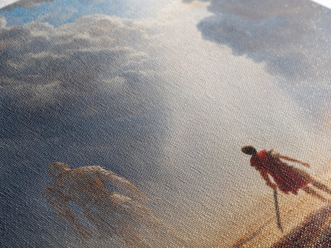 Young Hero Facing Cloud Giant Wall Art, Epic Fantasy Landscape Canvas Print, Mythological Adventure Decor, Gift For Gamer