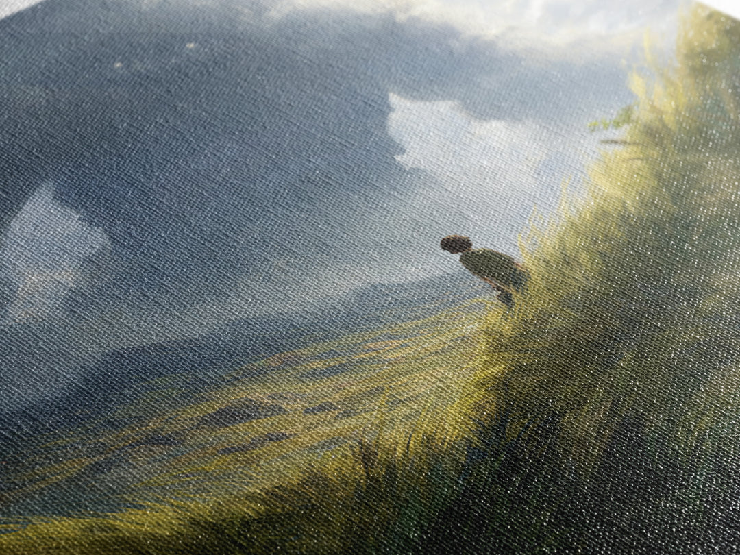 Lone Wanderer In Stormy Mountain Valley Wall Art, Fantasy Landscape Painting, Moody Nature Decor, Large Canvas Print, Home Decor