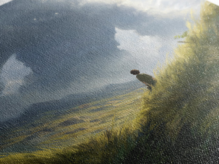 Lone Wanderer In Stormy Mountain Valley Wall Art, Fantasy Landscape Painting, Moody Nature Decor, Large Canvas Print, Home Decor
