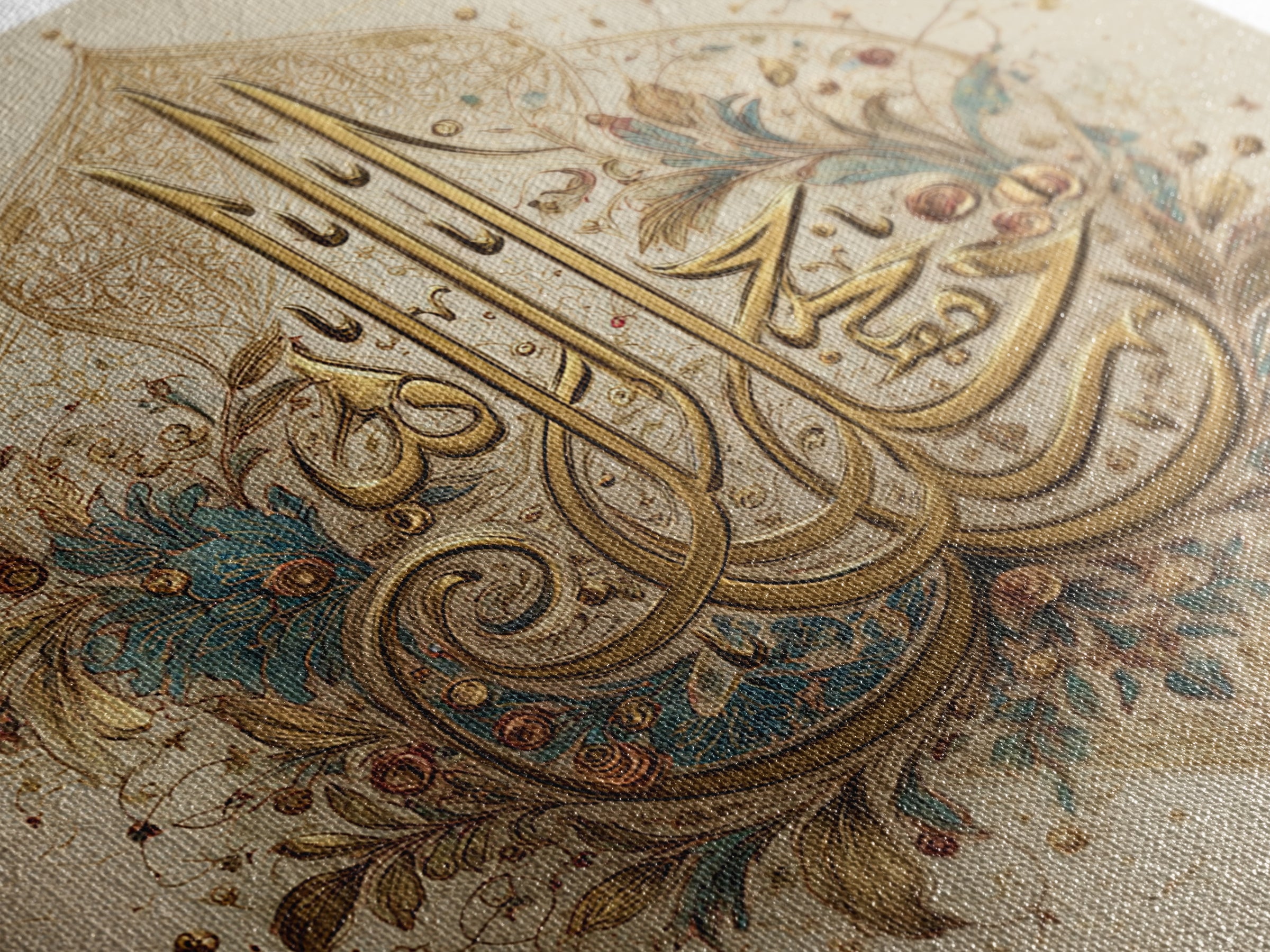Gold Arabic Calligraphy Floral Canvas Print, Islamic Wall Art, Quran Inspired Home Decor, Eid Gift And Prayer Room Decor