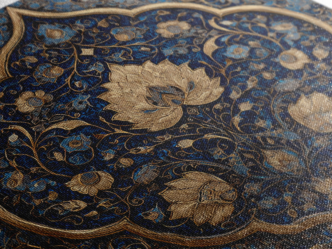 Ornate Blue Gold Islamic Floral Pattern Wall Art, Moroccan Tile Canvas Print, Elegant Arabic Home Decor For Living Room Wall