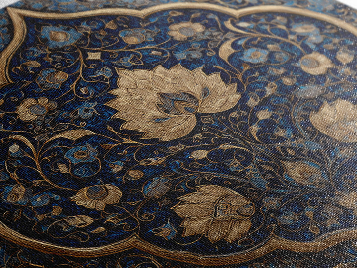 Ornate Blue Gold Islamic Floral Pattern Wall Art, Moroccan Tile Canvas Print, Elegant Arabic Home Decor For Living Room Wall