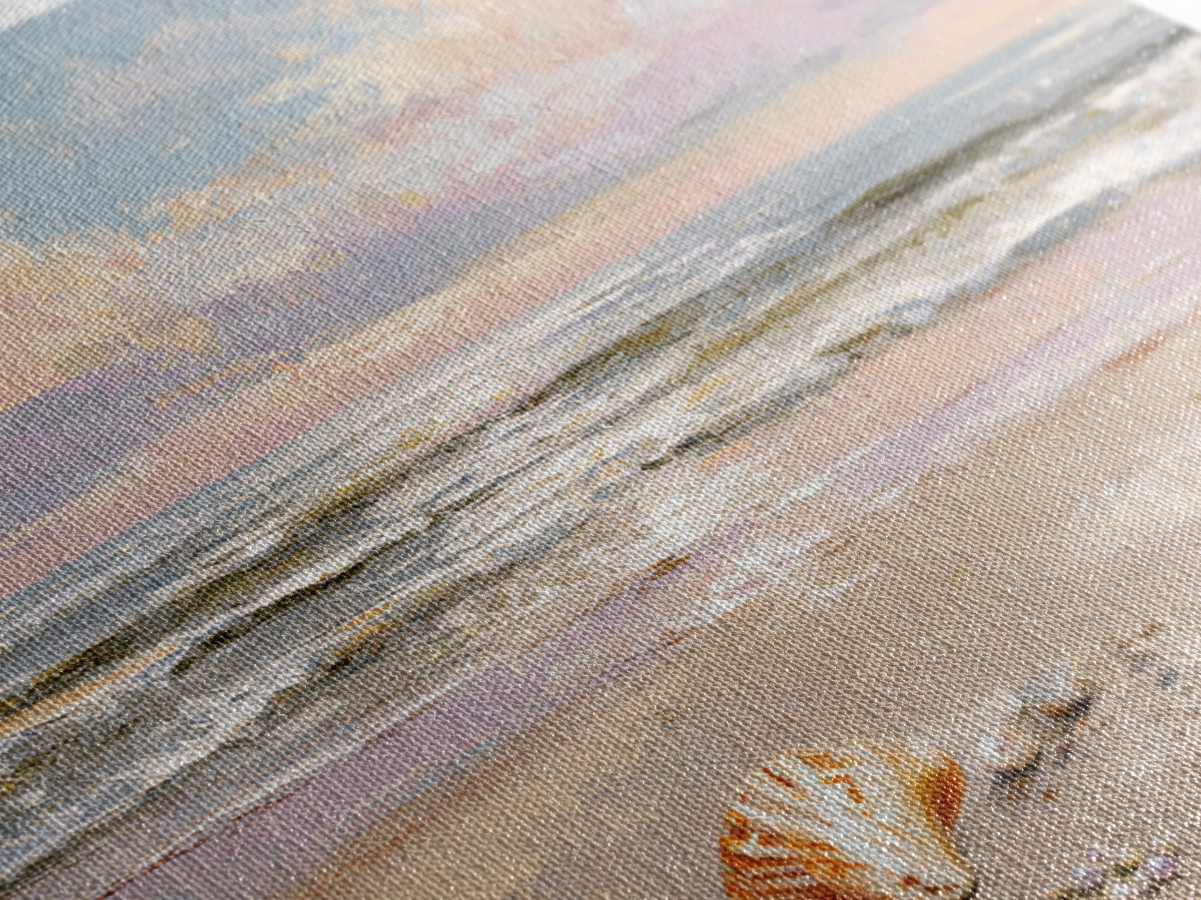 Pastel Ocean Waves And Seashells Wall Art, Coastal Seascape Framed Canvas Print, Beach House Living Room Decor For Bedroom