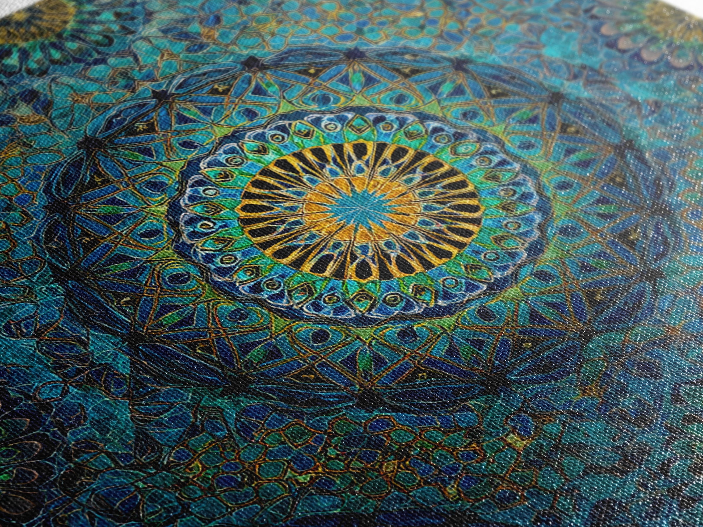 Teal Gold Geometric Mandala Wall Art, Sacred Geometry Abstract Print, Boho Spiritual Decor, Modern Meditation Room Art Gift