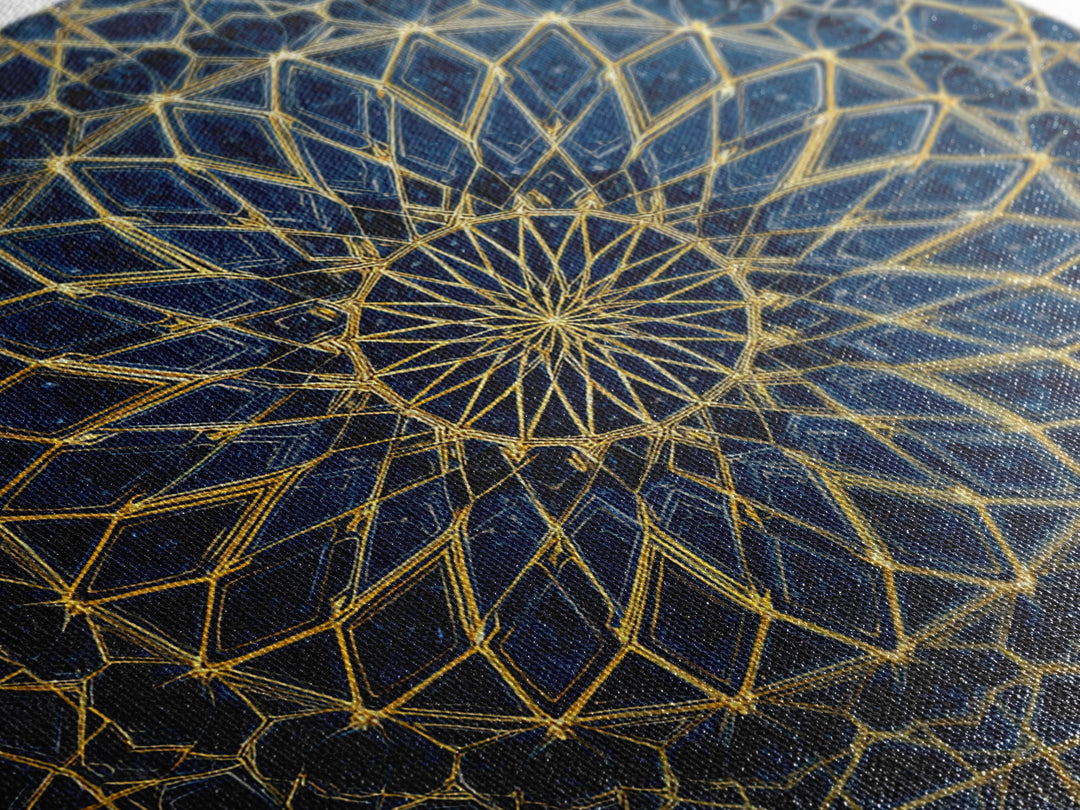 Blue Gold Geometric Mandala Canvas Print, Islamic Pattern Wall Art, Moroccan Abstract Decor For Meditation Room And Office