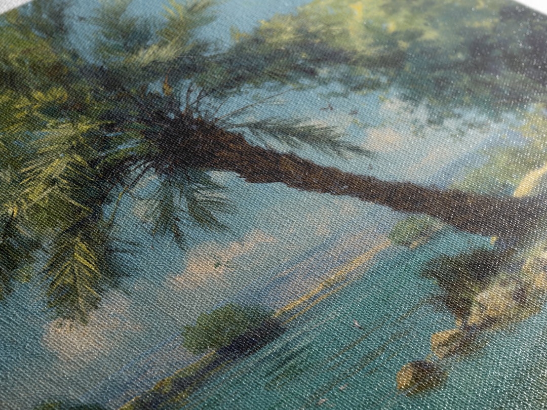 Leaning Palm By Blue Lagoon Wall Art, Tropical Coastal Landscape Painting, Serene Nature Decor, Mediterranean Canvas Print