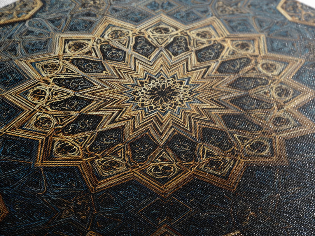 Blue Gold Islamic Geometric Mandala Wall Art, Sacred Geometry Pattern, Moroccan Tile Decor, Meditation Room Statement Print
