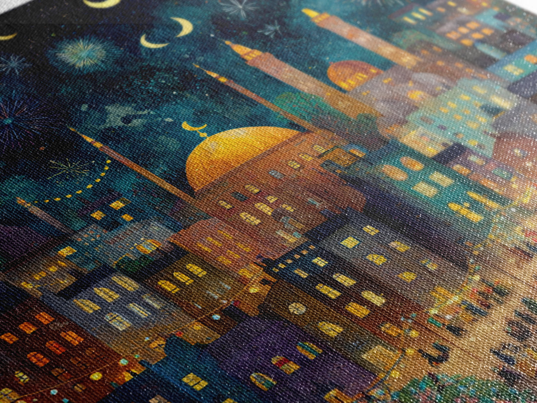 Crescent Moon City Fireworks Wall Art, Whimsical Islamic Canvas Print, Ramadan Decor, Celestial Nursery Art Gift For Kids Room Decor