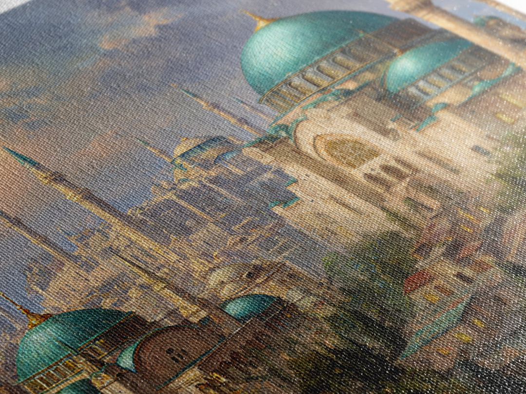 Turquoise Domed Istanbul Mosque Canvas Print, Islamic Architecture Wall Art, Middle Eastern Decor, Elegant Travel Poster