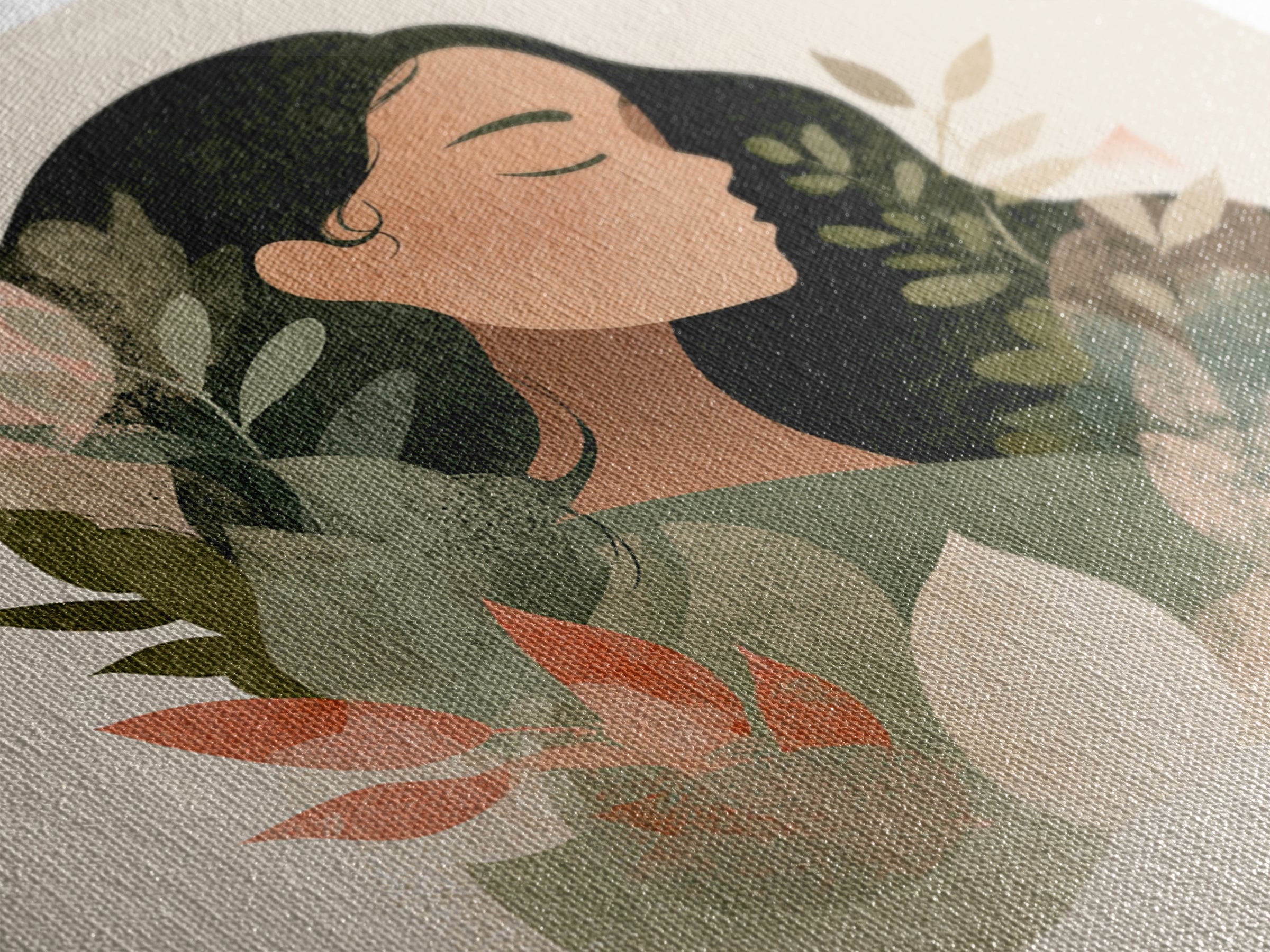 Serene Botanical Woman Portrait Canvas Print, Neutral Boho Wall Decor, Minimalist Art Print For Bedroom Living Room Home Decor