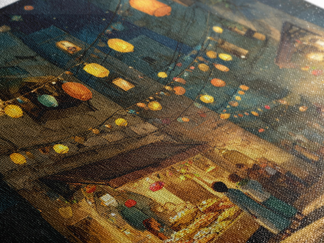 Glowing Lantern Night Market Alley With Food Stalls Wall Art, Moroccan Decor, Mediterranean Travel Poster, Kitchen Wall Art