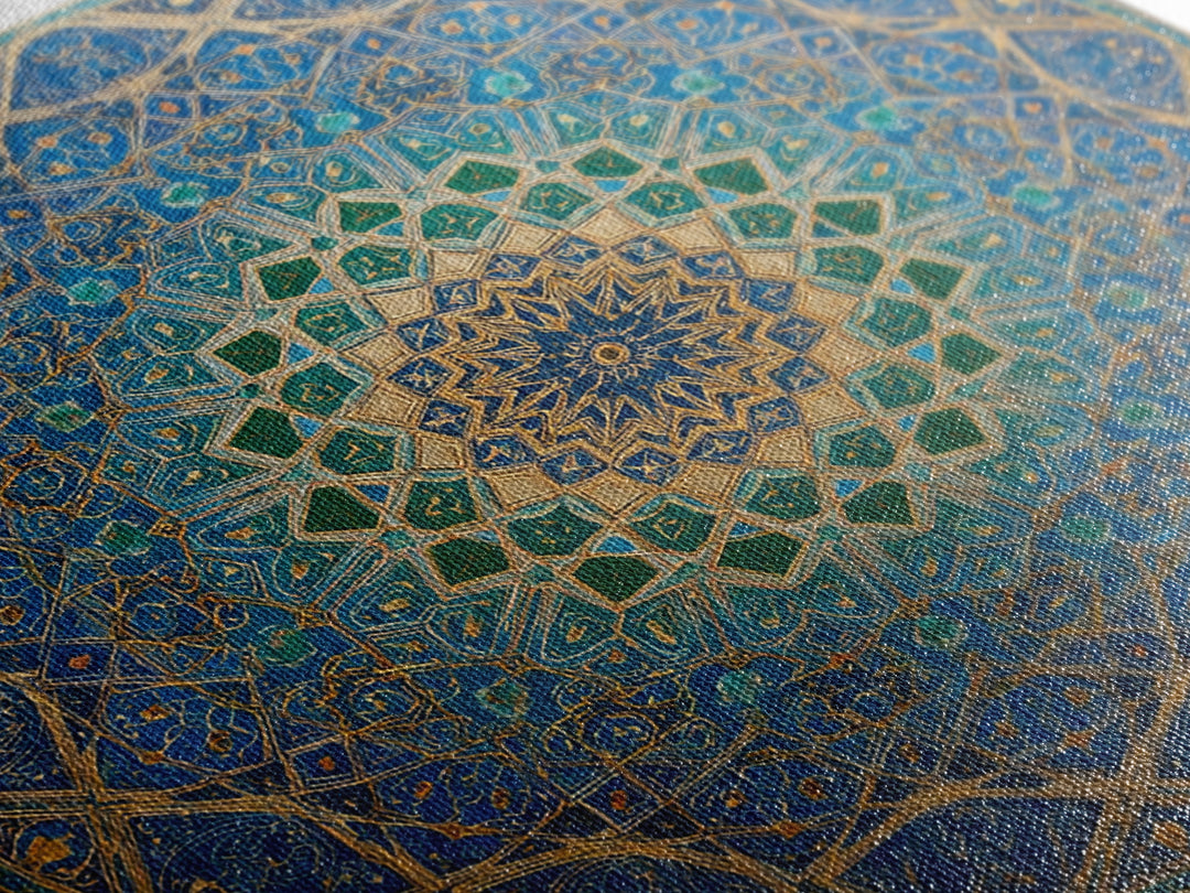 Blue Gold Islamic Geometric Mandala Wall Art, Moroccan Mosaic Canvas Print, Arabic Decor Gift For Prayer Room