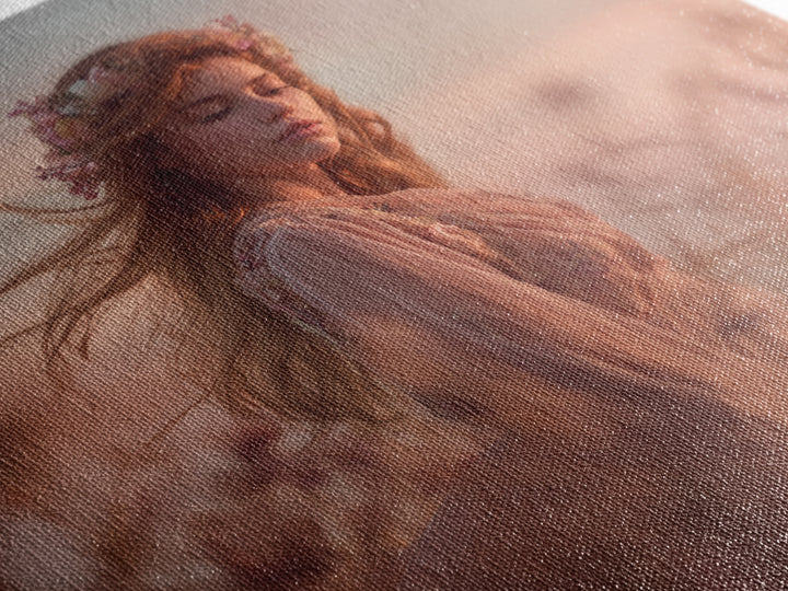 Ethereal Woman In Wildflower Meadow Canvas Print, Romantic Feminine Wall Art, Soft Pastel Bedroom Decor Living Room Gift For Her