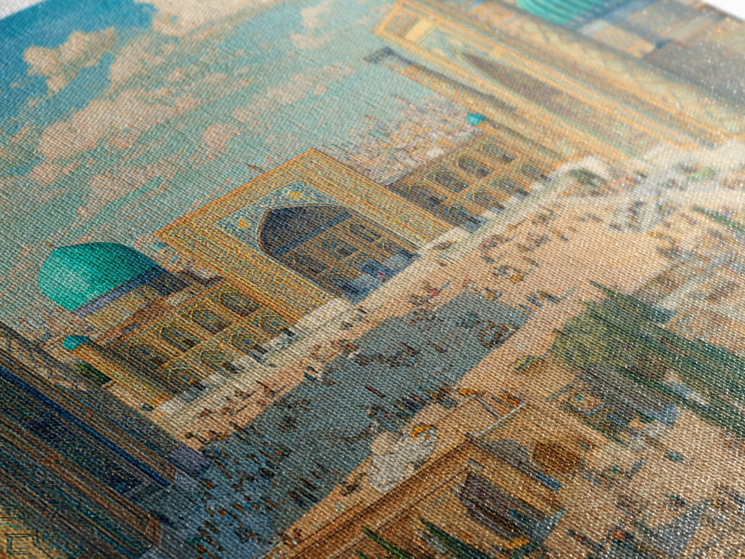 Sunlit Samarkand Mosque Courtyard Wall Art, Islamic Architecture Travel Poster, Blue Tile Decor, Asian Framed Canvas Print