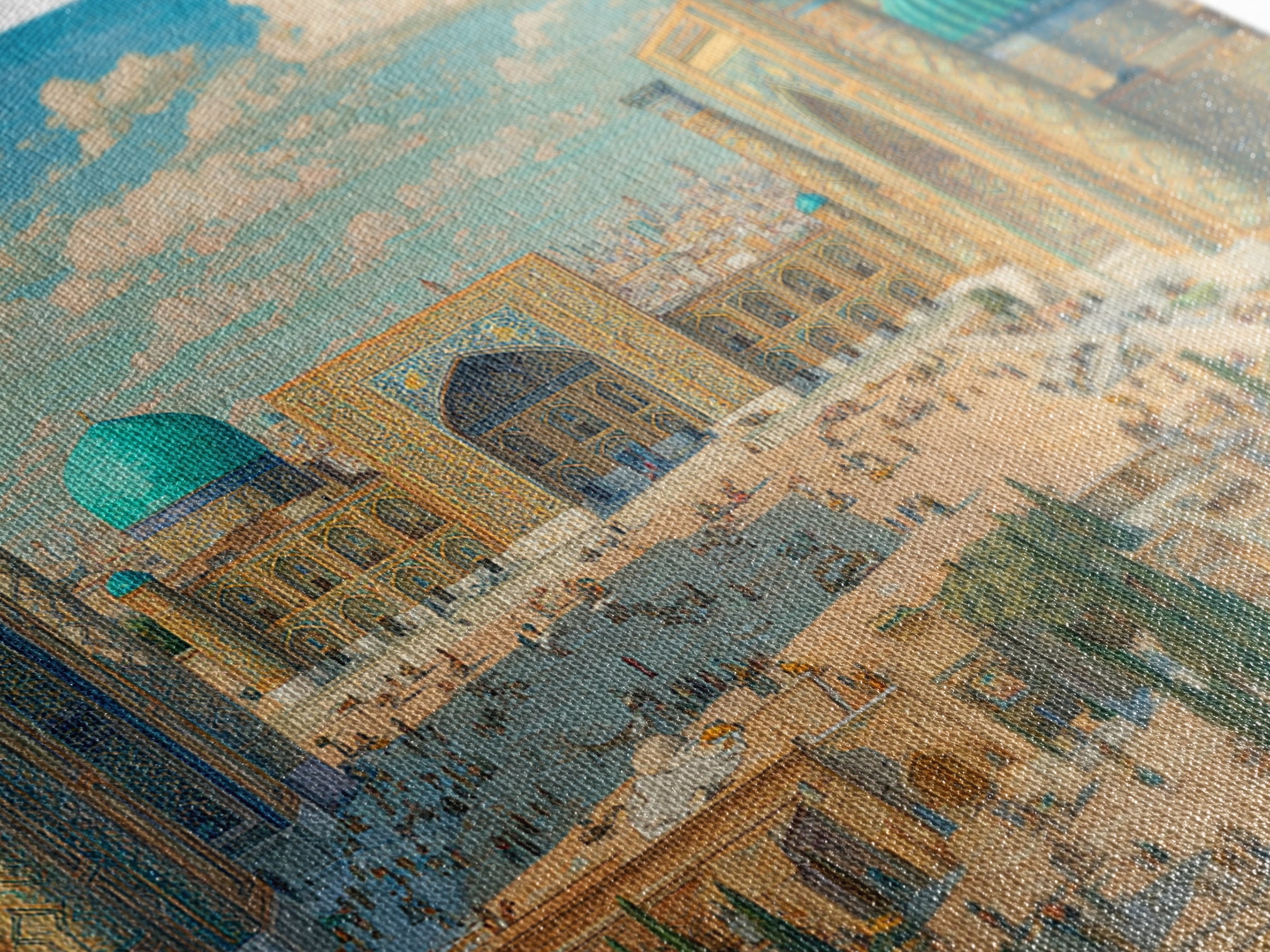 Sunlit Samarkand Mosque Courtyard Wall Art, Islamic Architecture Travel Poster, Blue Tile Decor, Asian Framed Canvas Print