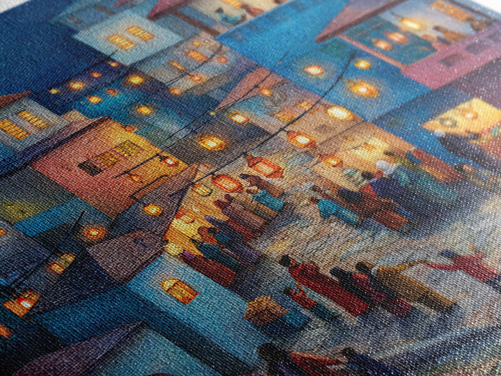 Moonlit Lantern Village Wall Art, Middle Eastern Night Market Canvas Print, Ramadan Decor, Cozy Blue Homes, Housewarming Gift