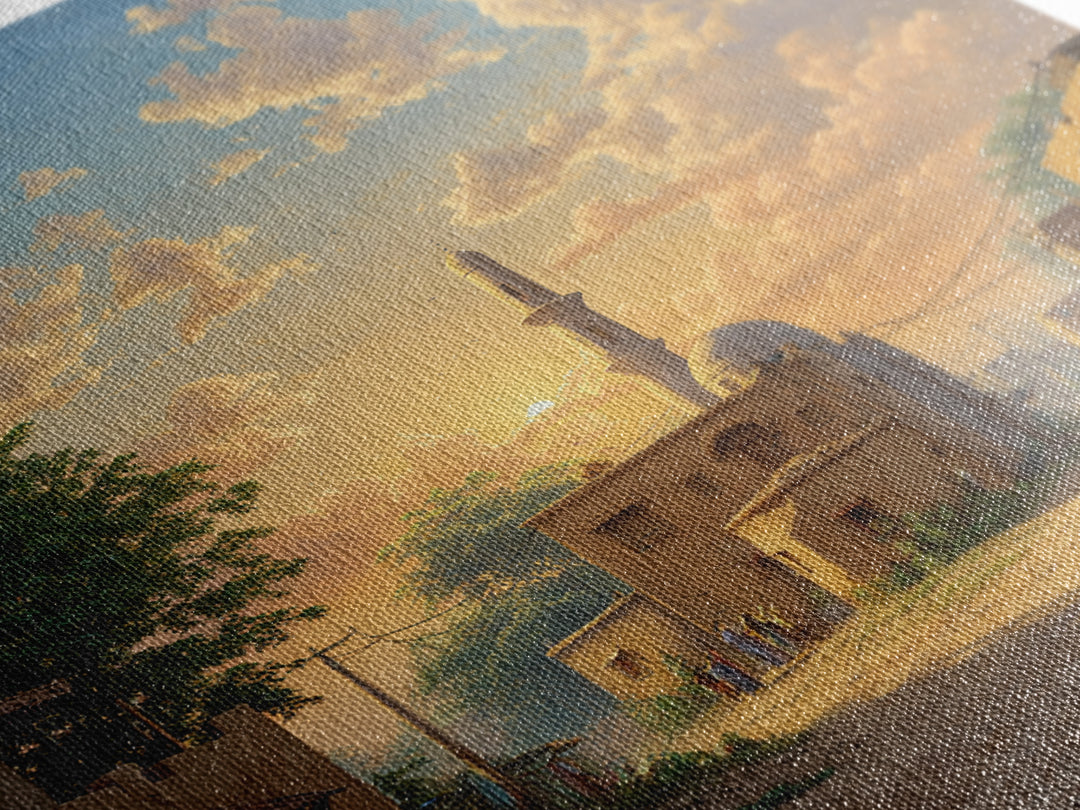 Sunlit Village Mosque At Golden Sunset Wall Art, Islamic Landscape Canvas Print, Rustic Travel Decor, Serene Home Gift For Living Room