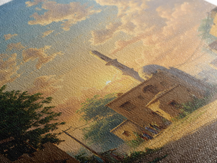 Sunlit Village Mosque At Golden Sunset Wall Art, Islamic Landscape Canvas Print, Rustic Travel Decor, Serene Home Gift For Living Room