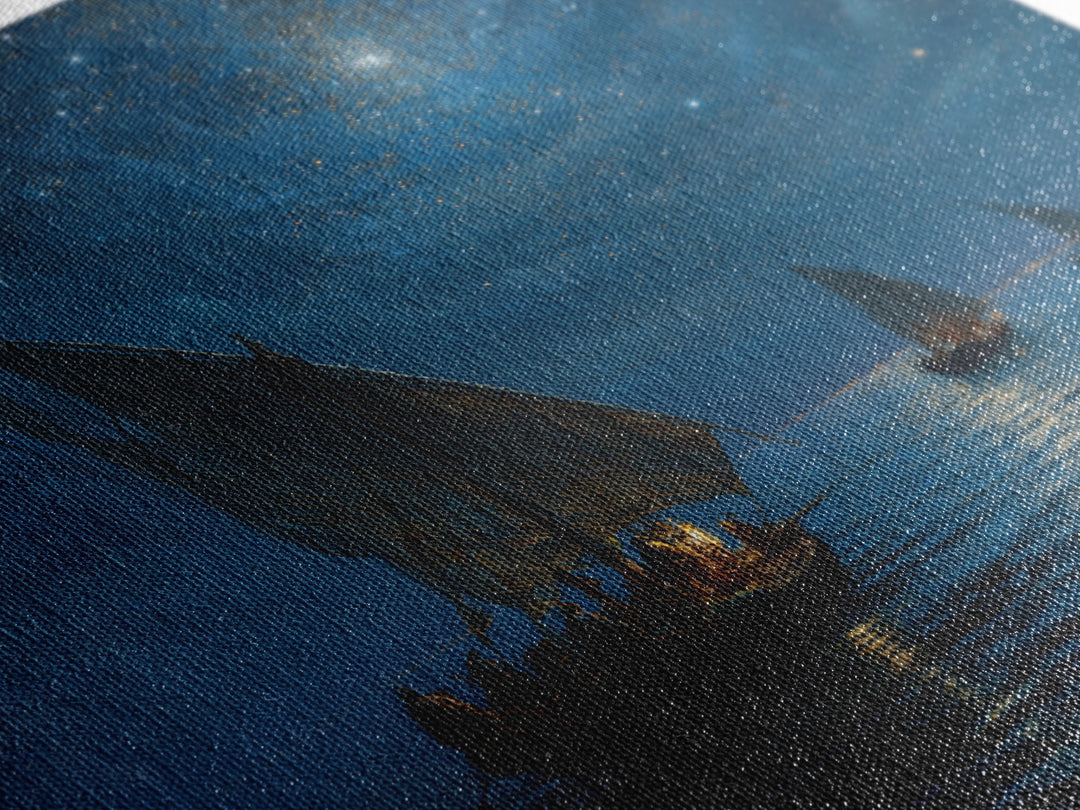 Starry Night Sailboats On Moonlit Sea Wall Art, Nautical Coastal Canvas Print, Ocean Landscape Decor, Romantic Travel Gift