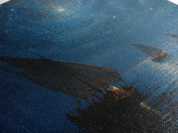 Starry Night Sailboats On Moonlit Sea Wall Art, Nautical Coastal Canvas Print, Ocean Landscape Decor, Romantic Travel Gift