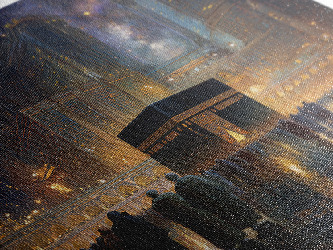 Kaaba At Mecca Under Starry Night Wall Art, Islamic Canvas Print, Quran Wall Decor, Ramadan Gift, Spiritual Muslim Home Decor