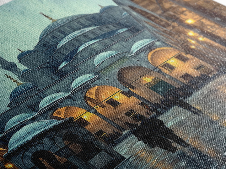 Snowy Blue Mosque Courtyard Canvas Print, Islamic Architecture Wall Art, Istanbul Travel Poster, Spiritual Decor, Home Decor