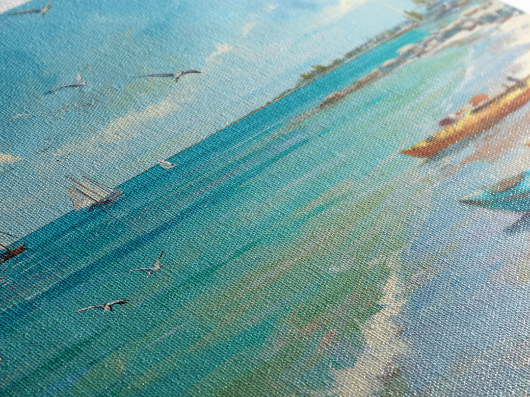 Turquoise Beach Boats And Seagulls Canvas Print, Coastal Wall Art, Ocean Seascape Decor For Beach House Living Room Decor