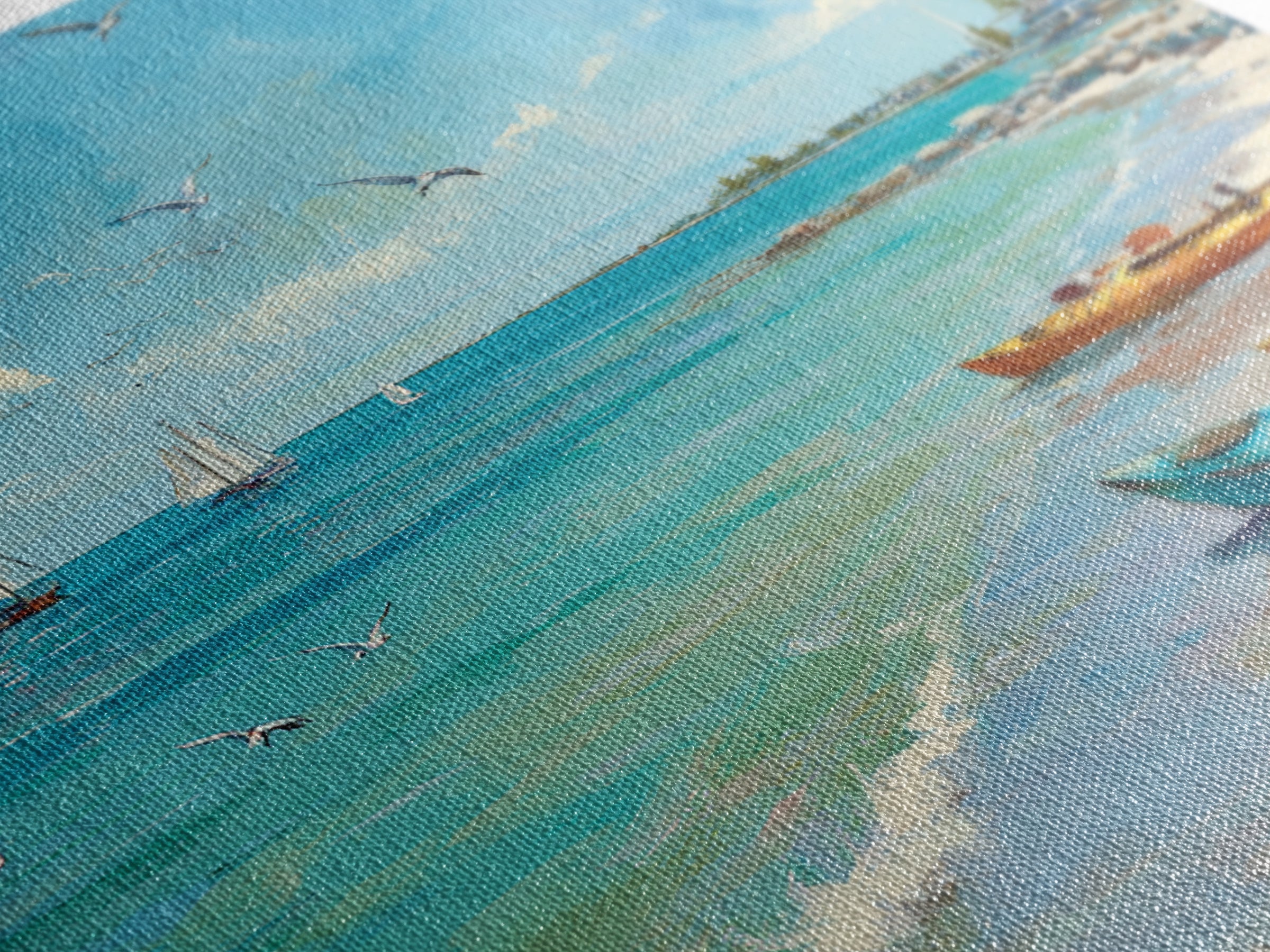 Turquoise Beach Boats And Seagulls Canvas Print, Coastal Wall Art, Ocean Seascape Decor For Beach House Living Room Decor