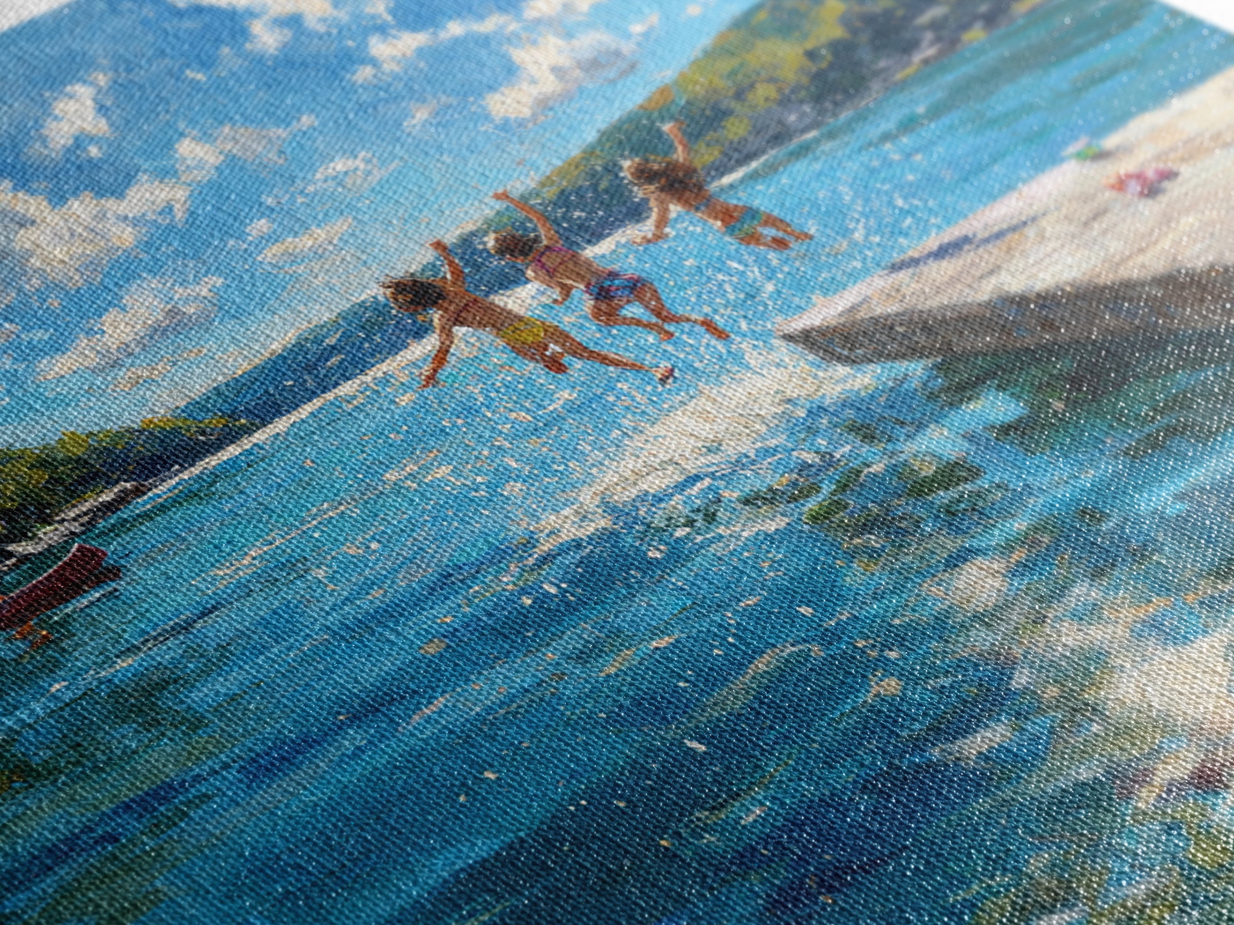 Kids Jumping Off A Sunny Lake Dock Wall Art, Summer Landscape Canvas Print, Lake House Decor, Playroom Art Gift For Coastal Home