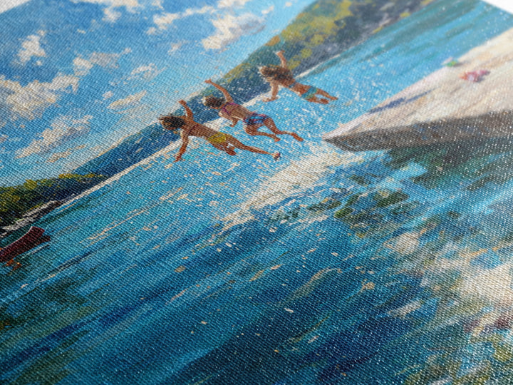 Kids Jumping Off A Sunny Lake Dock Wall Art, Summer Landscape Canvas Print, Lake House Decor, Playroom Art Gift For Coastal Home