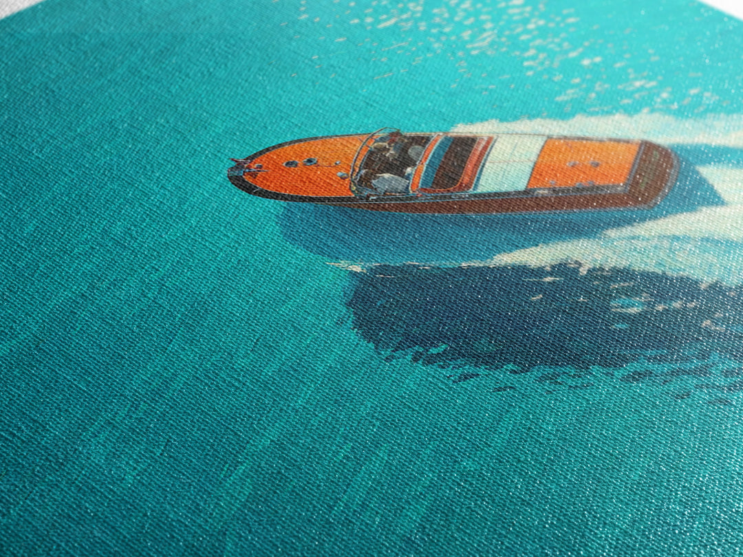 Turquoise Speedboat On Open Water Canvas Print, Coastal Wall Art, Nautical Travel Decor, Modern Beach House Art Gift For Her