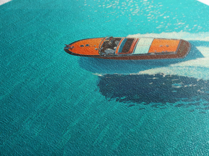 Turquoise Speedboat On Open Water Canvas Print, Coastal Wall Art, Nautical Travel Decor, Modern Beach House Art Gift For Her