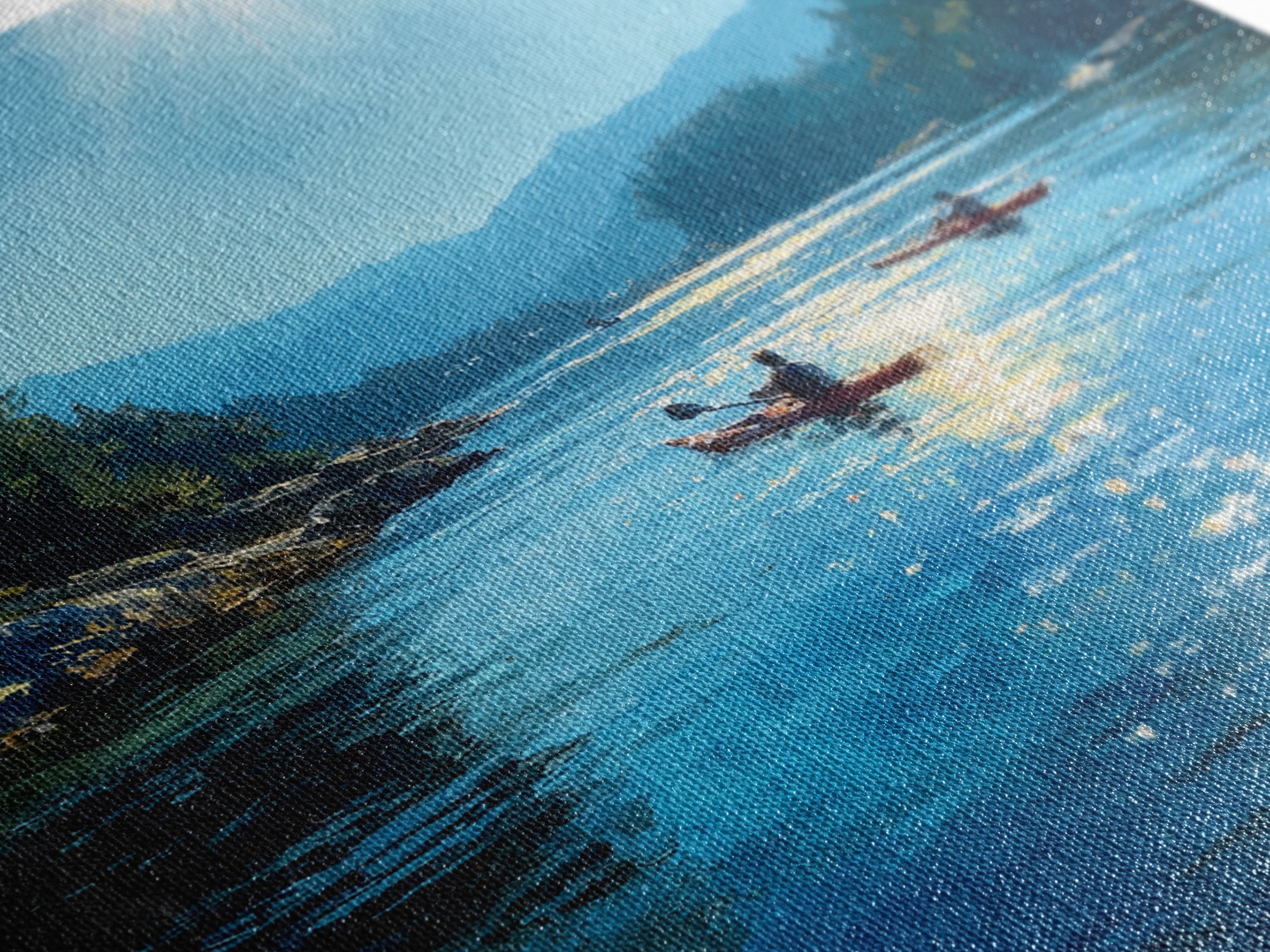 Sunlit Kayakers On Blue Mountain Lake Wall Art, Coastal Landscape Canvas Print, Nature Wall Decor For Living Room Home Decor Gift