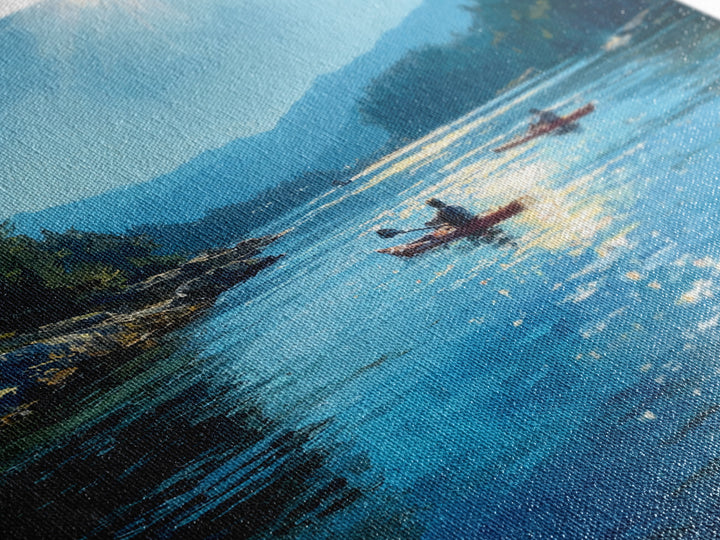 Sunlit Kayakers On Blue Mountain Lake Wall Art, Coastal Landscape Canvas Print, Nature Wall Decor For Living Room Home Decor Gift